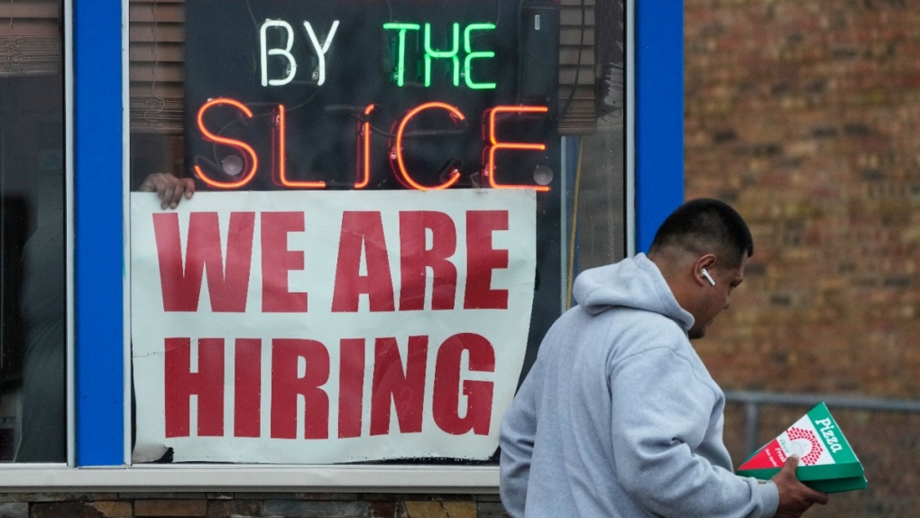 A hiring sign in Prospect Heights, Ill.
