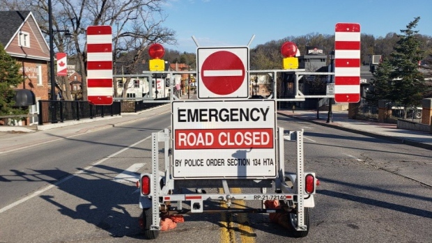 A road closed sign at the scene of the crash on Queen Street in Bolton, taken on Sat., May 6 (Caledon OPP). 