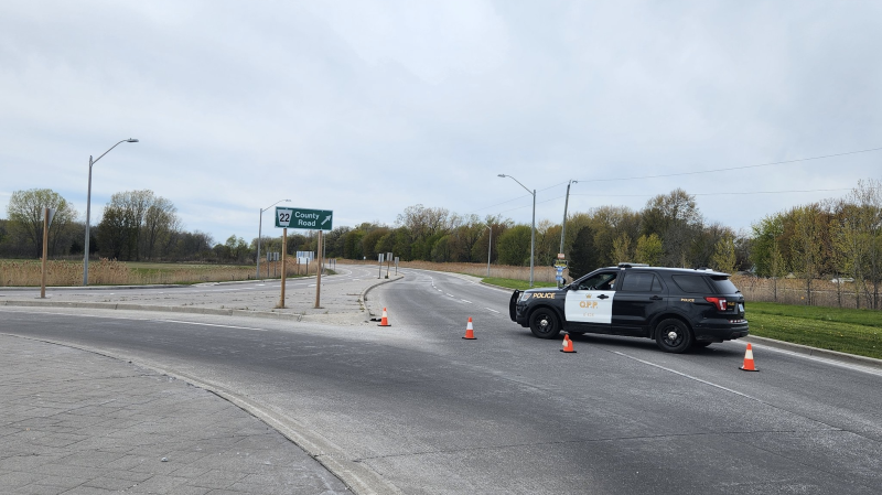 A section of County Road 22 is closed due to a collision investigation in Lakeshore, Ont. on Saturday, May 6, 2023. (Source: OPP/Twitter)