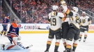 Vegas Golden Knights celebrate teammate right wing Reilly Smith's goal on Edmonton Oilers goalie Stuart Skinner (74) during first period NHL Stanley Cup second round playoff action in Edmonton on Sunday May 14, 2023. (THE CANADIAN PRESS/Jason Franson)