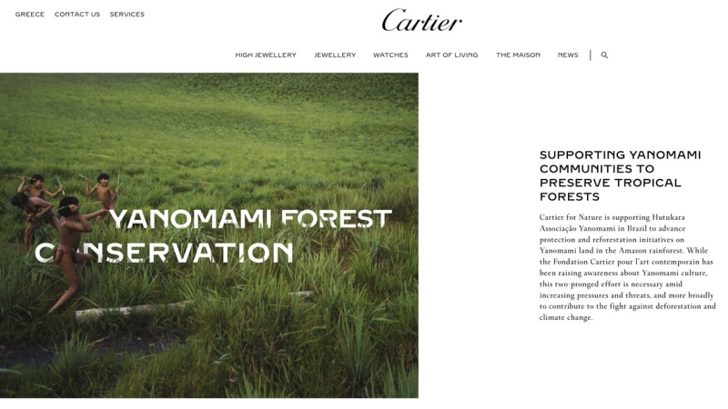 This frame, which was removed from Cartier's website, features an image of four Yanomami children playing in a lush green field while at the top of the page are links to purchase high-end jewelry. The French luxury jewelry brand said it was working to promote the culture of the Indigenous people and protect the rainforest. But the project that the site described never took place, and Cartier took down the photo when contacted by The Associated Press. (Cartier via AP)