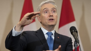 Innovation, Science and Industry Minister Francois-Philippe Champagne gestures as he responds to a question during a media availability, Tuesday, May 16, 2023 in Seoul, South Korea. THE CANADIAN PRESS/Adrian Wyld