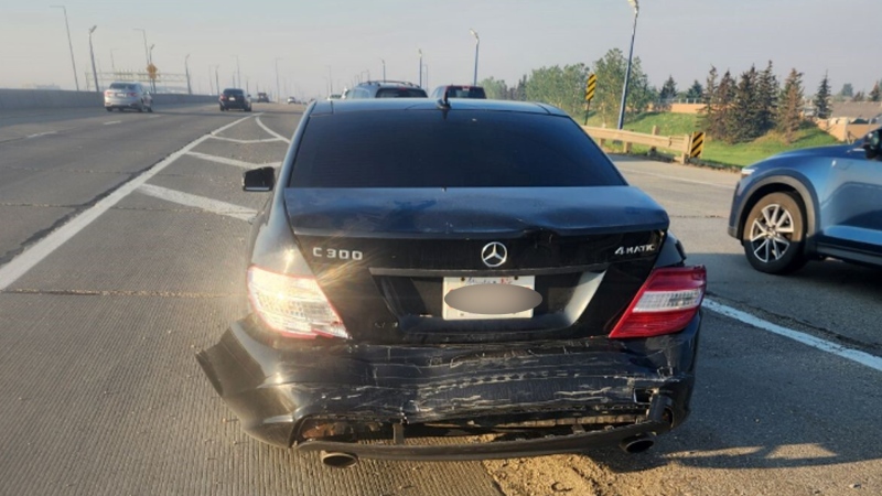 Naeem Issa's car was totaled after it was hit from behind multiple times while he drove on Anthony Henday Drive on May 17, 2023. (Credit: Naeem Issa)