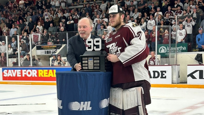 The London, Ont. goaltender Michael Simpson shut down his hometown team, as the Petes won the J Ross Robertson Cup for the first time since 2006. (Source: Peterborough Petes Twitter)