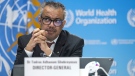 Tedros Adhanom Ghebreyesus, director-general of the World Health Organization (WHO), speaks to journalists during a press conference about the Global WHO on World Health Day and the 75th anniversary at the World Health Organization (WHO) headquarters in Geneva, Switzerland, on April 6, 2023. (Martial Trezzini/Keystone via AP)