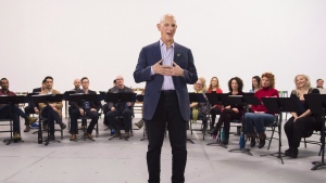 David Mirvish speaks before the cast perform a song of Mirvish's "Come From Away" as they hold a meet-and-greet as they prepare to open the musical in early 2018, in Toronto on Thursday, November 30, 2017. Canada’s largest theatre company has unveiled its 2023-24 Off-Mirvish season lineup, featuring four critically acclaimed plays. (THE CANADIAN PRESS/Nathan Denette)

