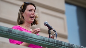 Dr. Caitlin Bernard, a reproductive healthcare provider, speaks during an abortion rights rally on June 25, 2022, at the Indiana Statehouse in Indianapolis. (Jenna Watson/The Indianapolis Star via AP, File)