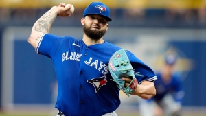 Toronto Blue Jays starting pitcher Alek Manoah delivers to the Tampa Bay Rays during the first inning of a baseball game Thursday, May 25, 2023, in St. Petersburg, Fla. (AP Photo/Chris O'Meara)