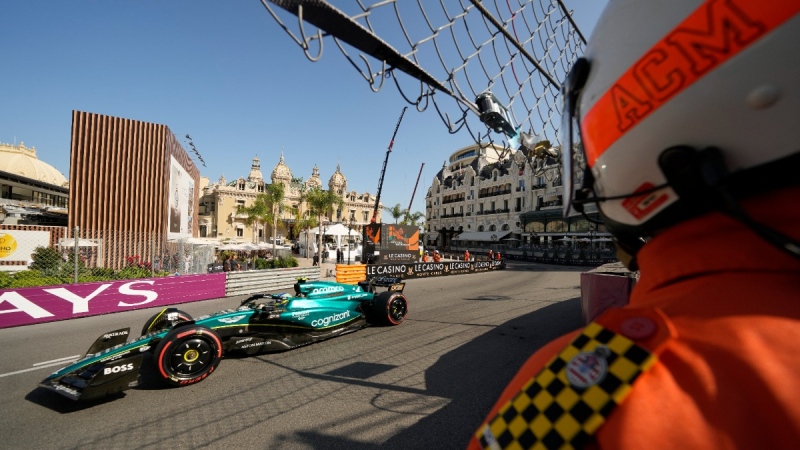 Aston Martin driver Fernando Alonso of Spain steers his car during the Formula One second practice session at the Monaco racetrack, in Monaco, May 26, 2023. (AP Photo/Luca Bruno)