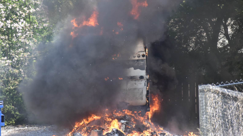 A dump truck on fire in Oro-Medonte, Ont., on Fri., May 26, 2023. (Courtesy: Michael Chorney/At The Scene Photography)