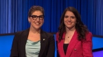 Jeopardy! contestant Diandra D'Alessio (right) poses next to host Mayim Bialik (left) on an episode airing May 26, 2023. (Sony Pictures) 