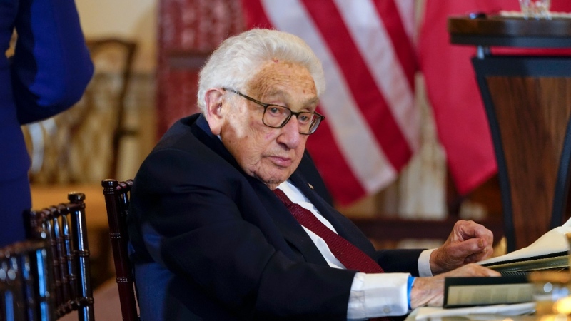 Former U.S. secretary of state Henry Kissinger attends a luncheon with French President Emmanuel Macron, Vice-President Kamala Harris and Secretary of State Antony Blinken, Dec. 1, 2022, at the State Department in Washington. (AP Photo/Jacquelyn Martin, File)
