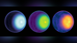 NASA scientists used microwave observations to spot the first polar cyclone on Uranus, seen here as a light-coloured dot to the right of centre in each image of the planet. The images use wavelength bands K, Ka, and Q, from left. To highlight cyclone features, a different colour map was used for each. (NASA/JPL-Caltech/VLA)
