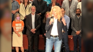 NDP leader Rachel Notley told about 1,200 cheering supporters, who lined up around the block to get into the event, that her party offers the best way to build a better future for Albertans. (Photo: Keith McDonald, CTV News)