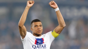 PSG's Kylian Mbappe reacts after the French League One soccer match between Strasbourg and Paris Saint Germain at Stade de la Meinau stadium in Strasbourg, eastern France, Saturday, May 27, 2023. (AP Photo/Jean-Francois Badias)