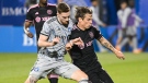 CF Montreal's Joel Waterman, left, challenges Inter Miami's Robert Taylor during second half MLS soccer action in Montreal, Saturday, May 27, 2023. THE CANADIAN PRESS/Graham Hughes