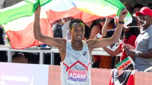 Ethiopia's Yihunilign Adane came first at the Tartan Ottawa International Marathon with a time of 2:08:22. May 28, 2023. (Photo credit: Victah Sailer)
