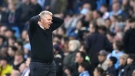 Leicester's head coach Dean Smith reacts during the English Premier League soccer match between Manchester City and Leicester City at Etihad Stadium in Manchester, England, Saturday, April 15, 2023. (AP Photo/Dave Thompson)