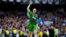 Everton's goalkeeper Jordan Pickford gestures to fans at the end of the English Premier League soccer match between Everton and Manchester City at the Goodison Park stadium in Liverpool, England, Sunday, May 14, 2023. Manchester City won 3-0. (AP Photo/Jon Super)
