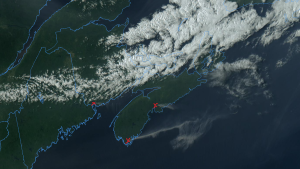 Smoke plumes from three wildfires in the Maritimes visible on satellite imagery. One in southwestern N.B., one in southwestern N.S., and one in Halifax County, N.S. Those source area marked with a red X.