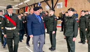 Retired Lieutenant Commander Rodney Turcotte inspects 128 cadets, representing various northeastern Ontario communities. (Lydia Chubak/CTV News)