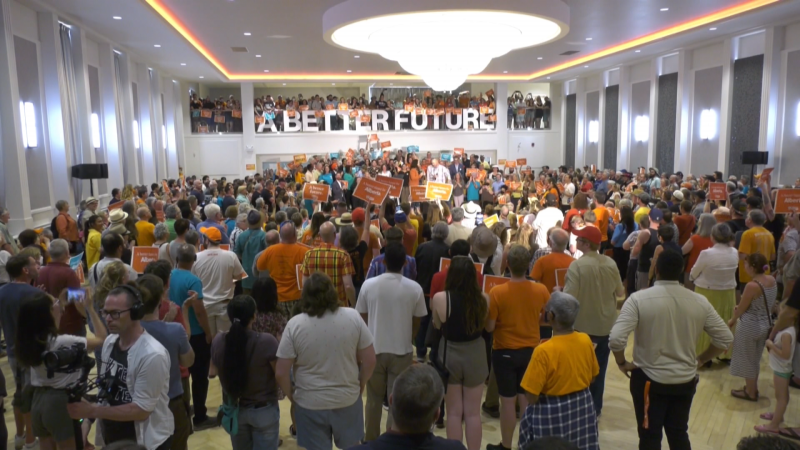 The NDP rally at the Polish Hall Banquet and Conference Centre in Edmonton was at capacity for Rachel Notley's last 2023 campaign stop. (Marek Tkach/CTV News Edmonton)