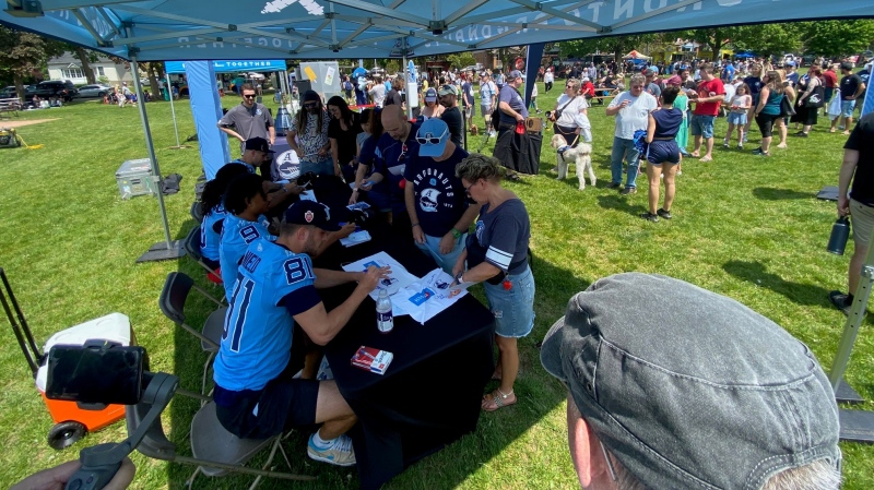 Toronto Argos player in Guelph's Exhibition Park for a food truck picnic event. (Terry Kelly/CTV Kitchener) (May 29, 2023)