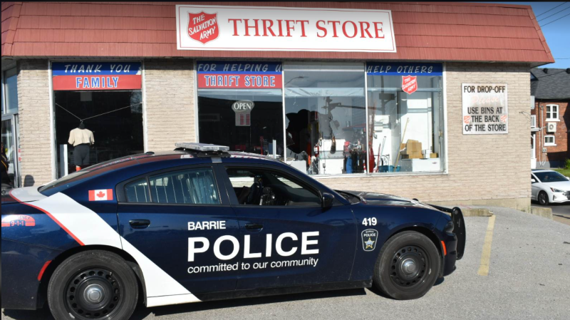 A police cruiser is parked outside The Salvation Army Thrift Store in Barrie, Ont., as police investigate a break-in on Mon., May 29, 2023. (Courtesy: Michael Chorney/At The Scene Photography)