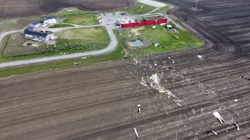 Damages to a farm were reported from the tornado that touched down six kilometres southeast of Regina on May 27, 2023. (Source: Twitter/Craig Boehm)