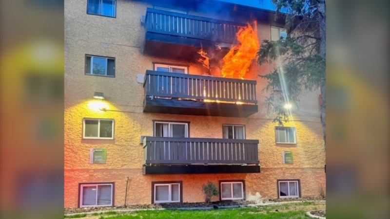 Twenty-six people have been rehoused to a local hotel after a suspicious fire that forced an entire four-storey west side apartment building to evacuate on Sunday night. (Courtesy: Saskatoon Fire Department)