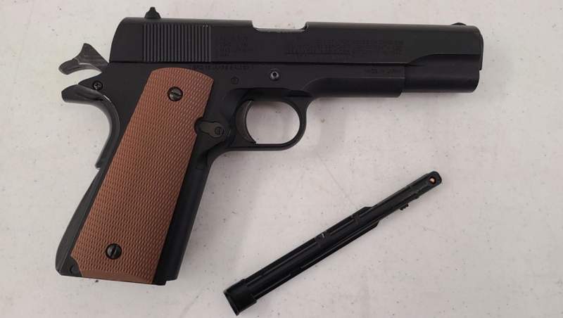 RCMP seized a pellet gun made to look like a 1911 pistol from a Coaldale man last week. (Supplied/RCMP)