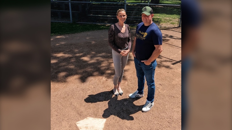 Const. Kris Lauzon and Const. Talya Natyshak apprehended a man carrying a six-inch knife near a baseball park in LaSalle on Friday, May 26, 2023. (Source: Windsor police) 