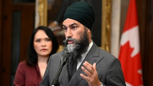NDP Leader Jagmeet Singh speaks to reporters about an NDP motion to have David Johnston step down as Special Raporteur on foreign interference, before heading into Question Period on Parliament Hill in Ottawa, on Monday, May 29, 2023. THE CANADIAN PRESS/Justin Tang