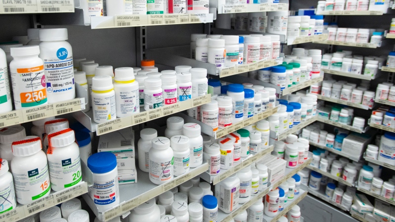 Prescription drugs are seen on shelves at a pharmacy in Montreal on March 11, 2021. (THE CANADIAN PRESS/Ryan Remiorz)