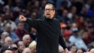 Then-Toronto Raptors head coach Nick Nurse reacts to a call during the first half of an NBA basketball game against the Cleveland Cavaliers, Feb. 26, 2023, in Cleveland. (AP Photo/Ron Schwane)