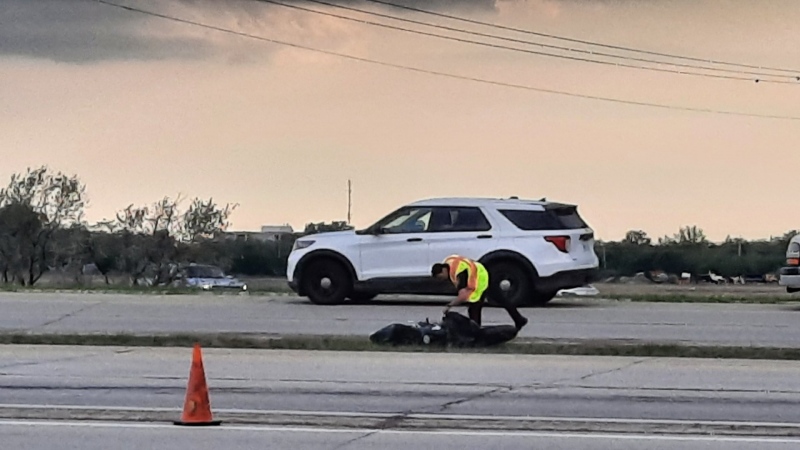 Winnipeg police on the scene of a serious crash that shut down a section of Lagimodiere Boulevard on May 29, 2023. (Source: Dan Timmerman/CTV News Winnipeg)