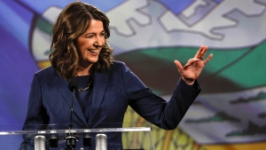UCP Leader Danielle Smith makes her victory speech in Calgary on Monday May 29, 2023. Alberta's United Conservative Party rode a wave of rural support Monday to win a renewed majority in the provincial election. THE CANADIAN PRESS/Jeff McIntosh
