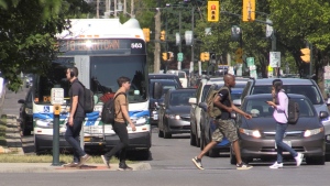 An LTC bus stopped in downtown London. (Daryl Newcombe/CTV News London)