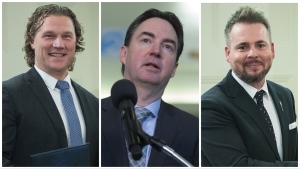 Jeremy Nixon (left,, Jason Copping (centre) and Nicholas Milliken (right) all lost their election races on Monday, but the UCP did come away with a majority government. (The Canadian Press)