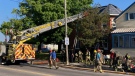 Fire crews attend a house fire on Main Street in Shelburne, Ont., on Tues., May 30, 2023. (OPP/Twitter)