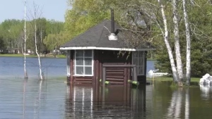 The Bujolds' gazebo flooded by Nellie Lake in Iroquios Falls as water levels continue to rise. May 29/23 (Sergio Arangio/CTV Northern Ontario)