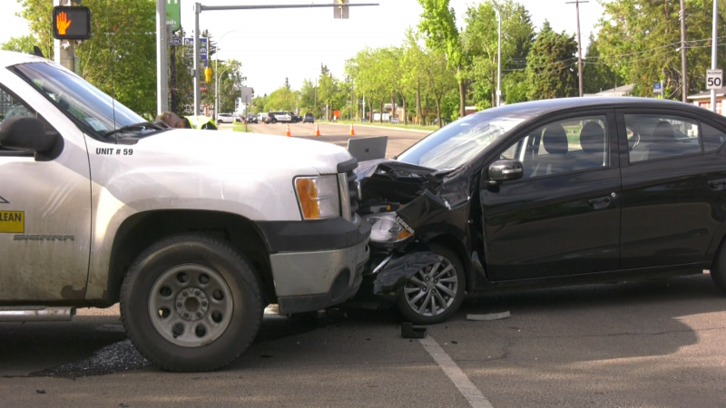 One person was taken to hospital on May 30 after a black sedan hit an ETS bus and a pickup truck.
