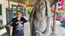 Pauline Bauer leans against a wooden statue outside Bob's Trading Post, her restaurant in Hamilton, Pa., July 21, 2021. Bauer, who screamed death threats directed at then-House Speaker Nancy Pelosi while storming the U.S. Capitol on Jan. 6, 2021, was sentenced on Tuesday to two years and three months in prison. (AP Photo/Michael Kunzelman)