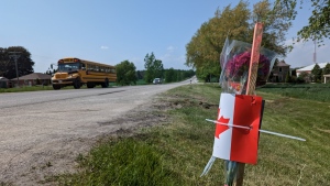 A memorial has sprung up at the site of a double fatal collision near Woodstock, Ont. (Dan Lauckner/CTV News)