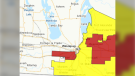 ECCC severe thunderstorm warnings are in effect in several regions in Manitoba (marked in red), while others in yellow are under severe thunderstorm watches.