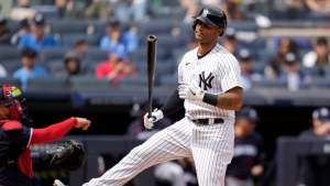 New York Yankees' Aaron Hicks reacts after striking out against Minnesota Twins starting pitcher Pablo Lopez in the second inning of a baseball game, Sunday, April 16, 2023, in New York. (AP Photo/John Minchillo, File)