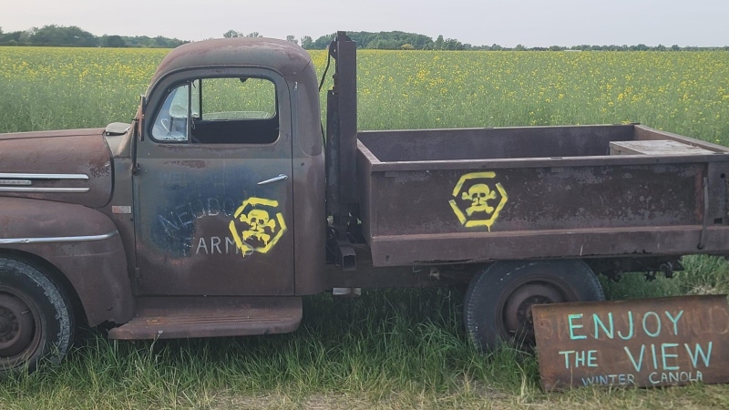A truck part of a local photo op to raise money for the food bank has been vandalized with spray paint. (Source: Twitter)