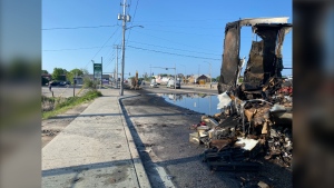 Algonquin Avenue in North Bay closed after trailer fire early Wednesday morning. May 31/23 (Jaime McKee/CTV Northern Ontario)