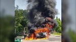 A Saskatoon collection truck started on fire in the Lawson Heights neighbourhood on Wednesday morning. (Courtesy: Kelly Zunti)