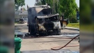 A Saskatoon collection truck started on fire in the Lawson Heights neighbourhood on Wednesday morning. (Courtesy: Kelly Zunti)